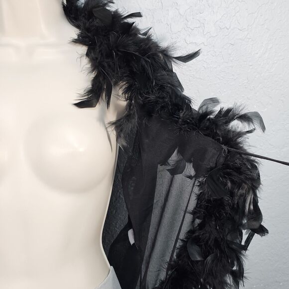 Vtg Frederick's of Hollywood Black Feather Trim Mesh Short Robe L/XL Boho Glam - Picture 3 of 7